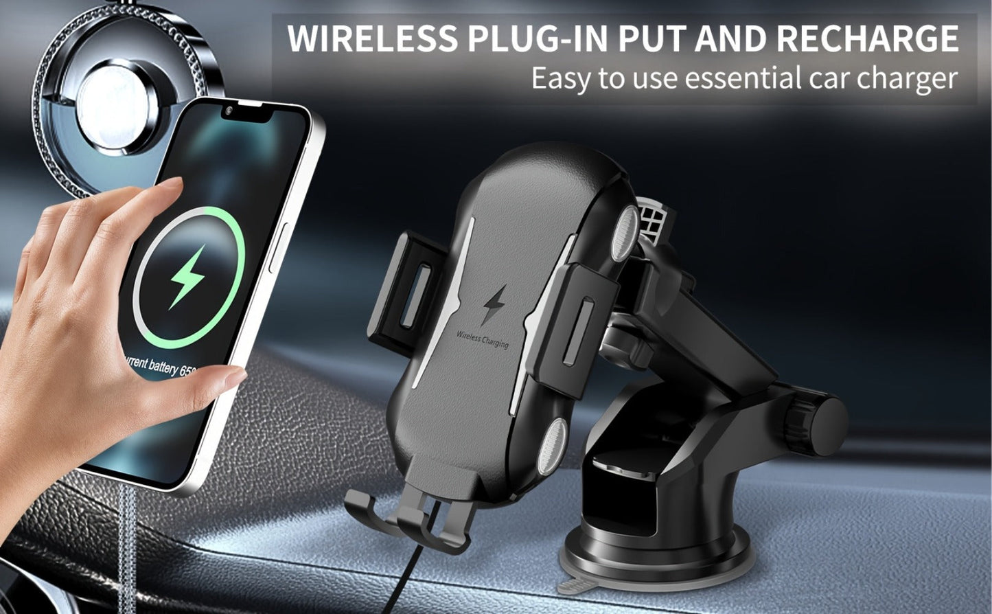 10W Auto-Sensing Car Phone Mount with Wireless Charging Clamp, Vent Clip and Suction-Style Base