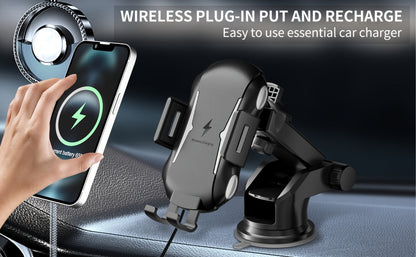 10W Auto-Sensing Car Phone Mount with Wireless Charging Clamp, Vent Clip and Suction-Style Base