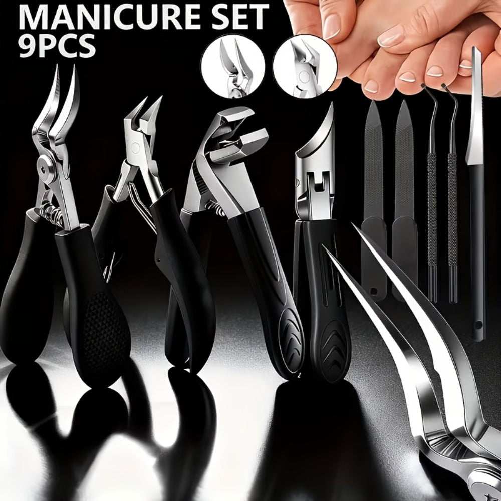 Manicure Pedicure Set 9 Piece Stainless Steel Nail Care Kit Professional Nail Clippers Nail File Cuticle Scissors for Ingrown Thick Toenails