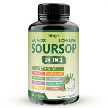 Soursop Graviola Capsules 24-in-1 Herbal Blend – Turmeric Spirulina Sea Moss Vitamin D3 Bitter Leaf | Immune Defense Antioxidant Gut Energy