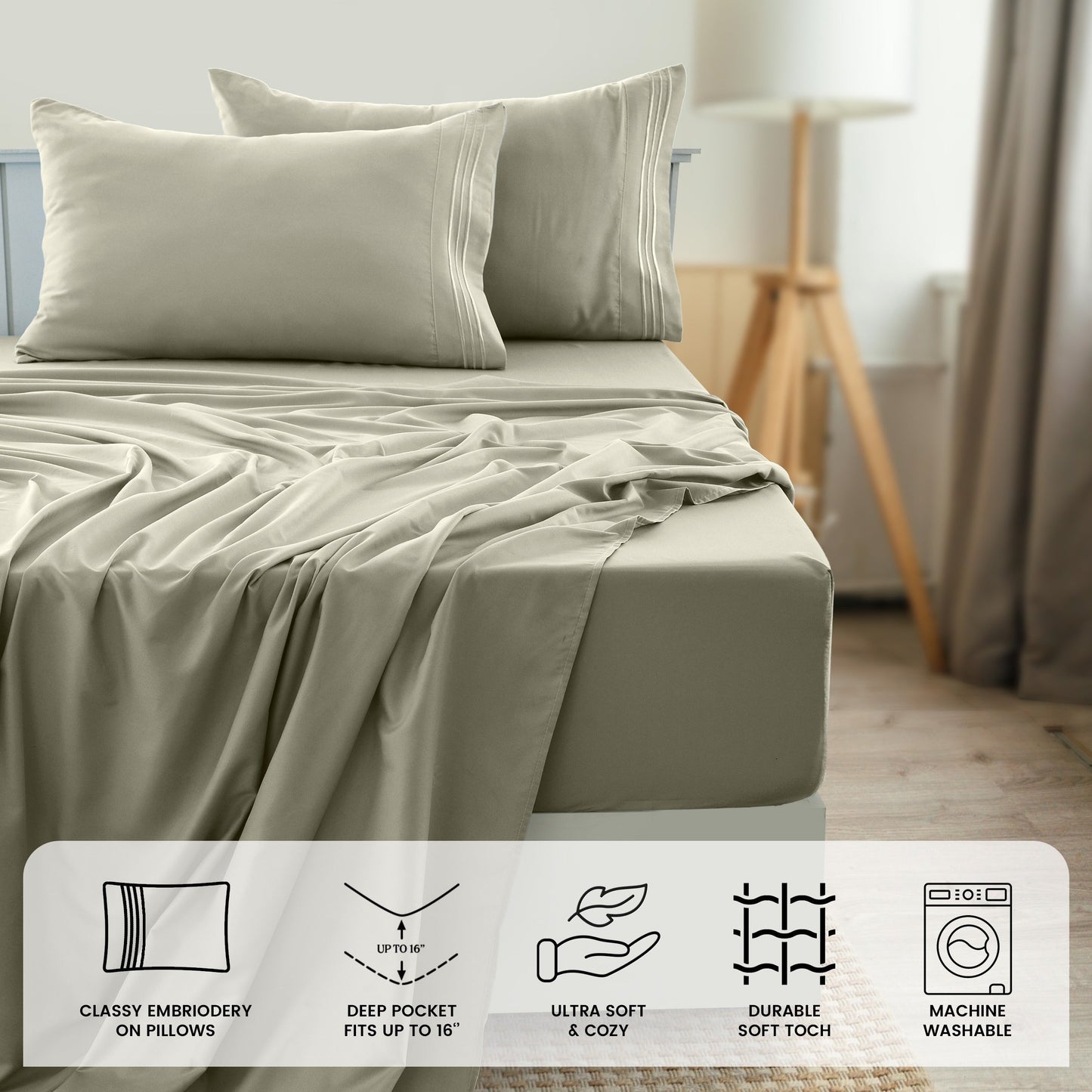 Fitted Sheet Set 6-Piece Brushed Polyester Deep Pocket Bed Sheets 20 Colors Hotel Luxury Bedding with Embroidered Pillowcases