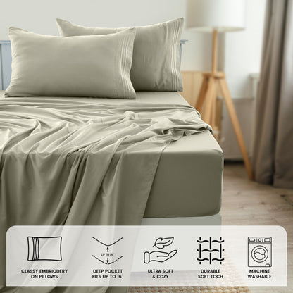 Fitted Sheet Set 6-Piece Brushed Polyester Deep Pocket Bed Sheets 20 Colors Hotel Luxury Bedding with Embroidered Pillowcases