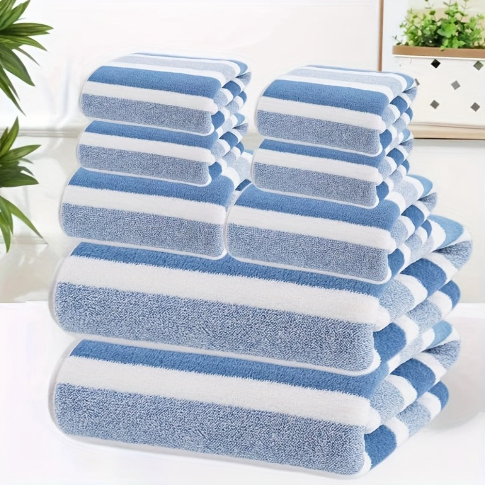 Bath Hand Towels, Towel Set 8 Piece Two-Color Striped Mix with 2 Bath, 2 Face and 4 Hand Towels in Four Colors