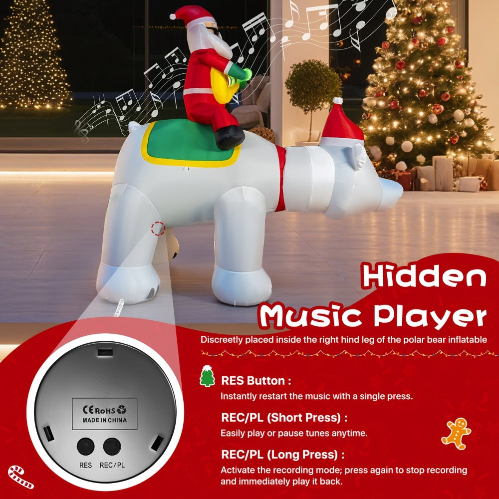 Christmas Inflatable Decoration with LED & Music, Head-Shaking Santa Claus on Polar Bear or Snowman