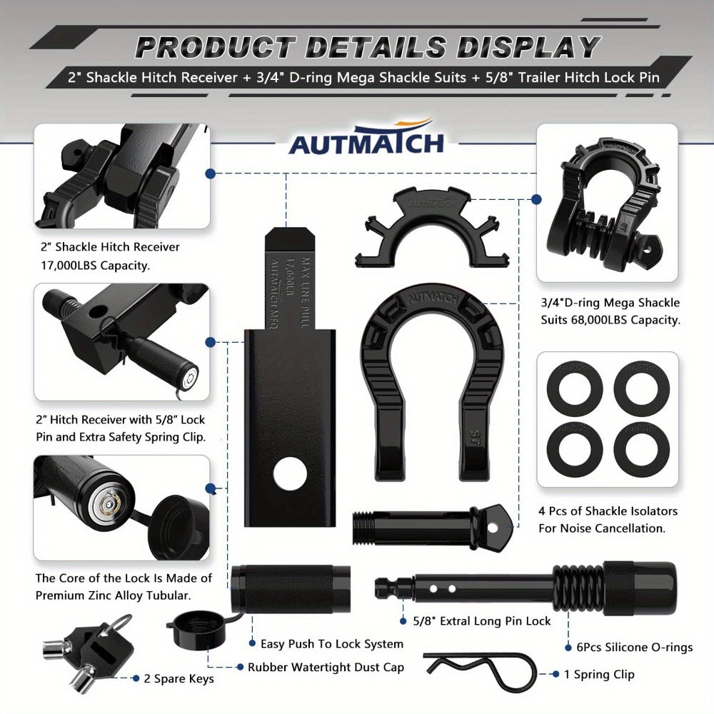 Shackle Hitch Receiver 2-Inch 68, 000 lb Break Strength with 3/4" D-Ring & 5/8" Hitch Lock Pin – Heavy Duty Drop Forged Steel 8-Ton Vehicle