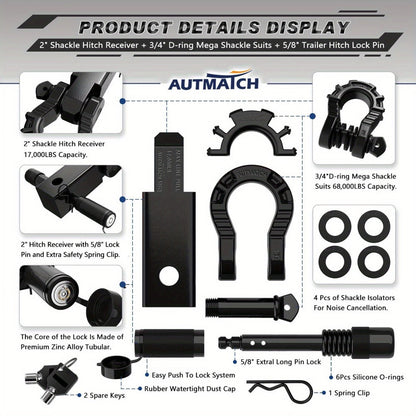 Shackle Hitch Receiver 2-Inch 68, 000 lb Break Strength with 3/4" D-Ring & 5/8" Hitch Lock Pin – Heavy Duty Drop Forged Steel 8-Ton Vehicle