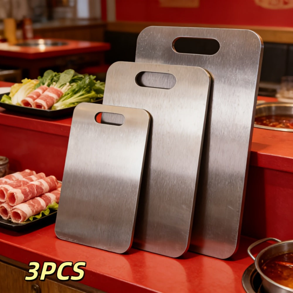 Three-Piece Stainless-Steel-Labeled Cutting Board Set with Rounded Corners, Handles and Graduated Sizes