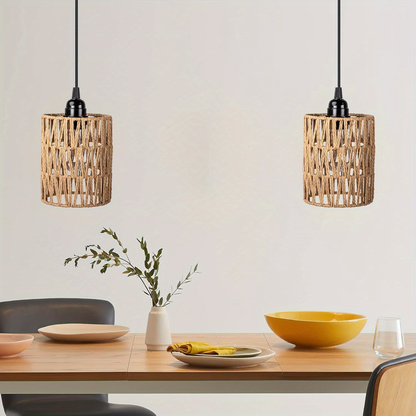 Battery Operated Pendant Light Rattan Boho Chandelier Hanging Light Warm White Bulb Wireless No-Wiring for Gazebo Pergola Porch Patio