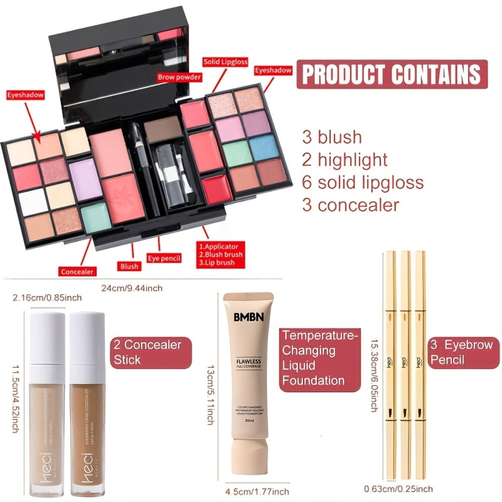 Portable Makeup Case Set with Fold-Out Color Palettes, Brush Collection and Silver or Leopard-Print Case Options