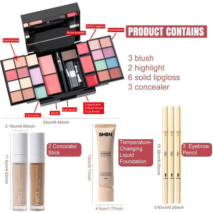 Portable Makeup Case Set with Fold-Out Color Palettes, Brush Collection and Silver or Leopard-Print Case Options