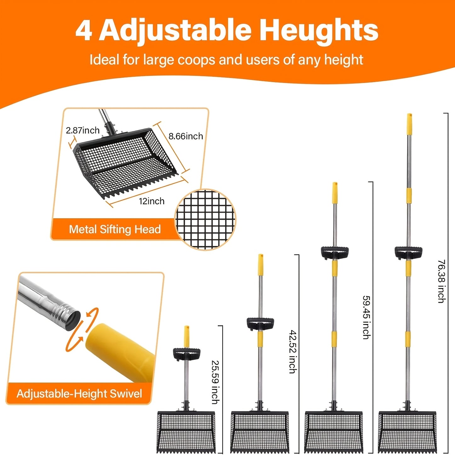Cat Litter Scooper 2-in-1 Heavy Duty Rake with Adjustable 26–76" Stainless Steel Handle, Shatterproof Sand Sifting Shovel for Litter Box