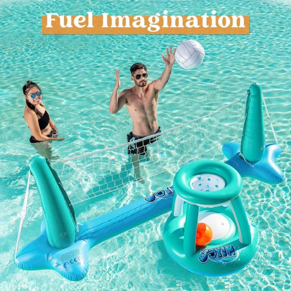 Inflatable Pool Volleyball Set with Basketball Hoop, 2-in-1 Floating Net Court Game for Kids & Adults