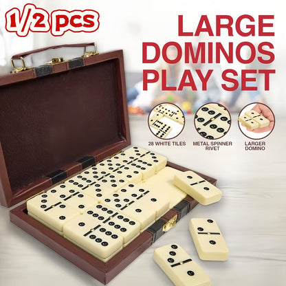 Double 6 Domino Set with Storage Case & Metal Spinner – 28 Tiles Classic Black Domino Game for Adults Kids Family | Premium Packaging 1 or 2