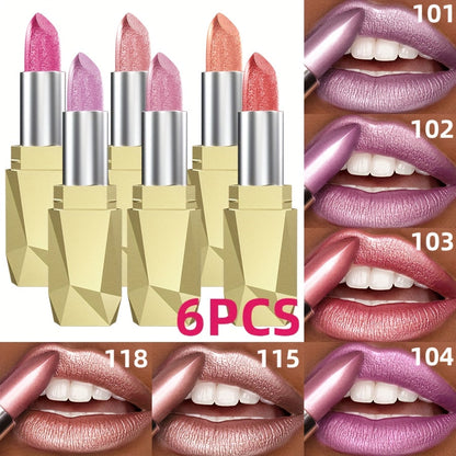 Shimmer Lipstick Set 6 Piece Waterproof Long Lasting Glossy Lip Color Coral Pink Red Purple Shades Makeup Kit for Women Travel Party Daily