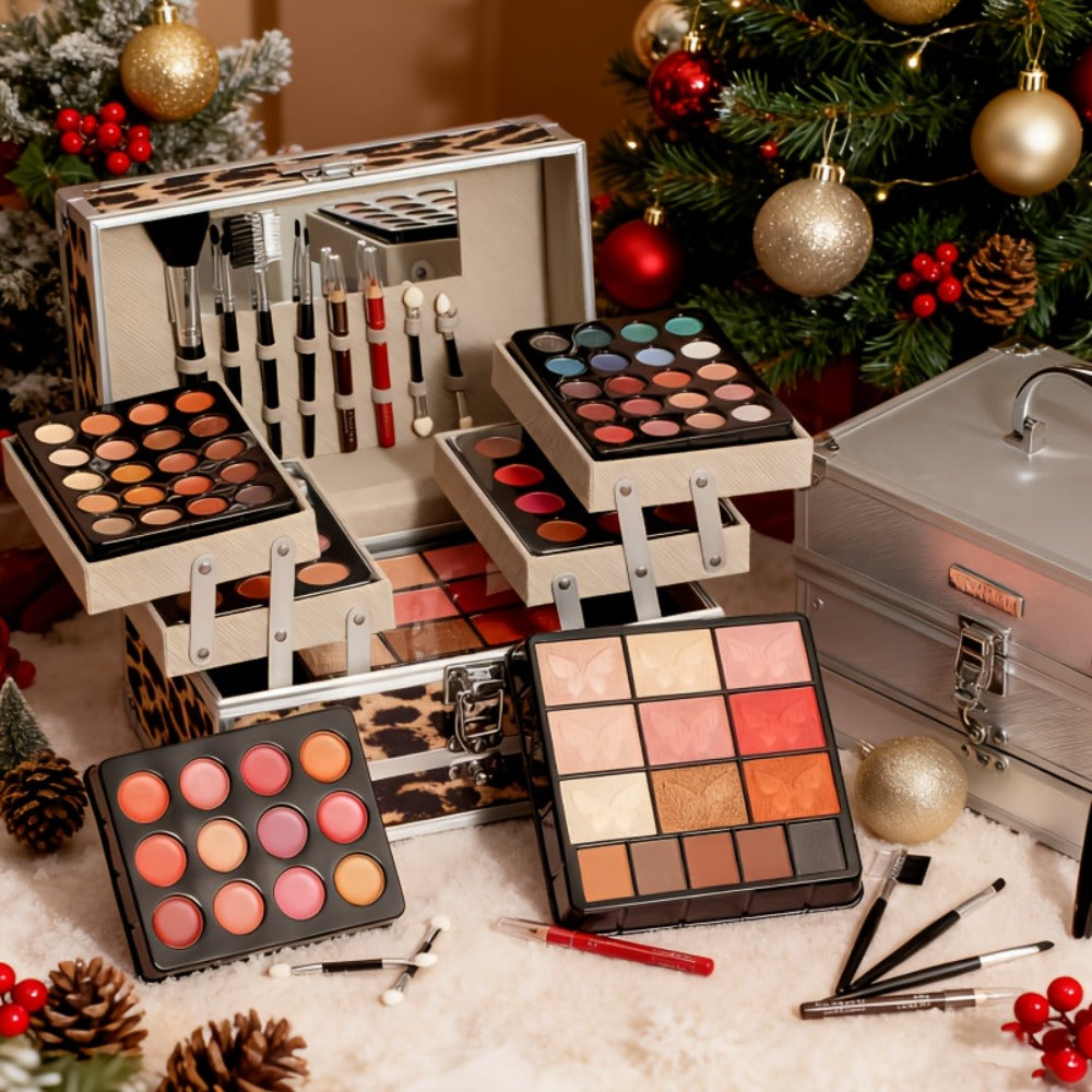 Portable Makeup Case Set with Fold-Out Color Palettes, Brush Collection and Silver or Leopard-Print Case Options