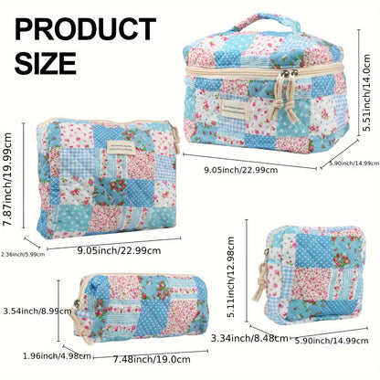 Makeup Bag Four-Piece Quilted Cotton Floral Pouch Set in Five Styles for Travel, Vanity and Everyday Beauty Storage