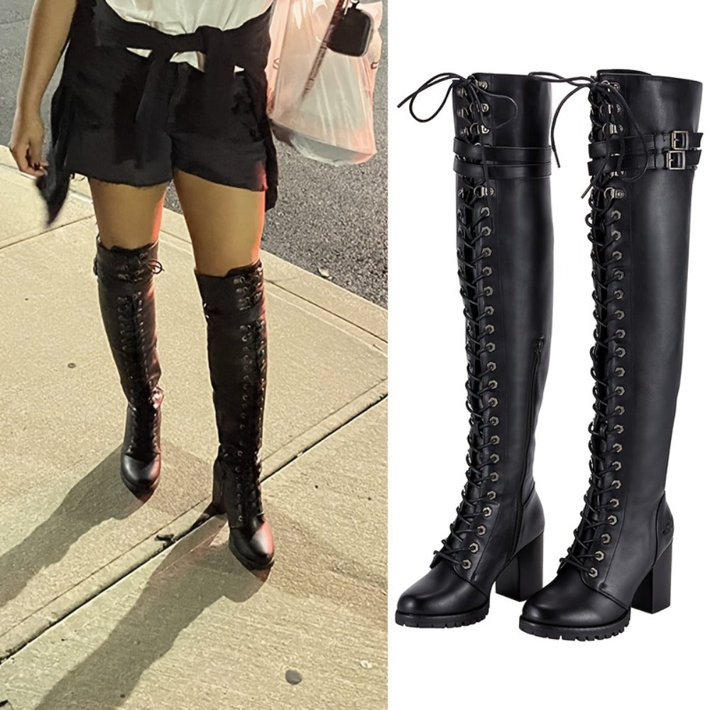 Women's Over-the-Knee Biker Boots, Faux Leather Thigh High Lace-Up Knee High Boots with Chunky Heel & Buckle