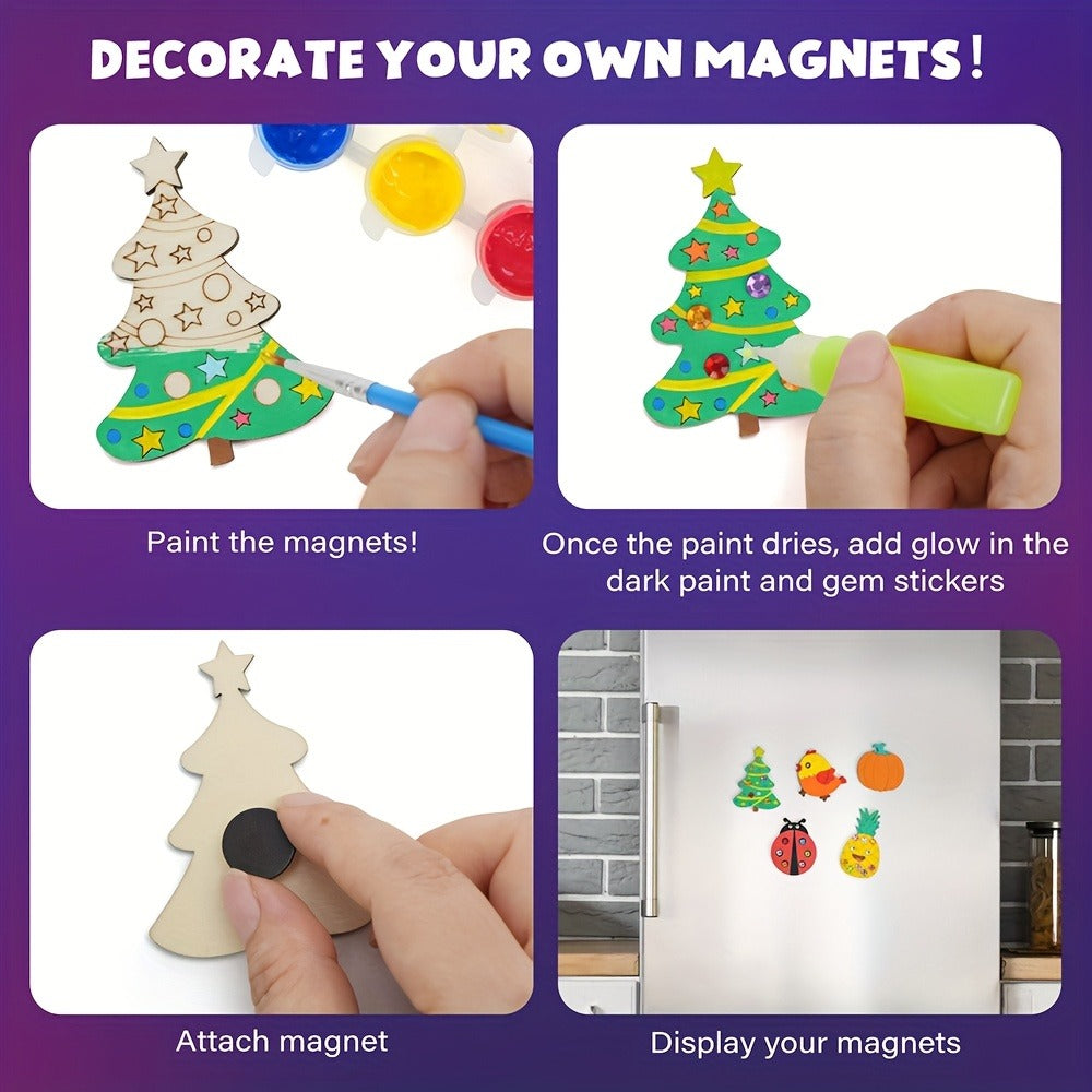 Glow in the Dark Craft Kit for Kids, 30pcs DIY Wooden Fridge Magnets Painting Set with Gem Stickers