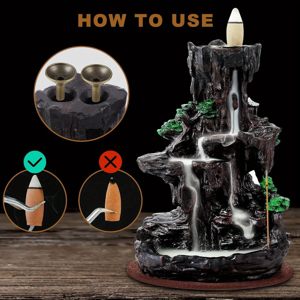 Backflow Incense Burner Waterfall Smoke Effect 2-Side Incense Holder with 120 Backflow Cones for Entryways, Bedrooms and Living Spaces