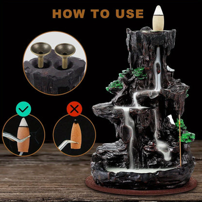 Backflow Incense Burner Waterfall Smoke Effect 2-Side Incense Holder with 120 Backflow Cones for Entryways, Bedrooms and Living Spaces