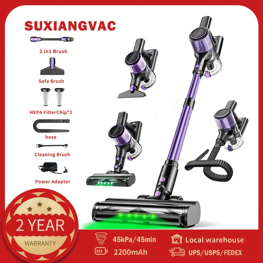 Cordless Stick Vacuum Cleaner 45KPA 8-in-1 with Anti-Tangle Brush Green Light Detection for Carpet Pet Hair Hardwood Tile Floor