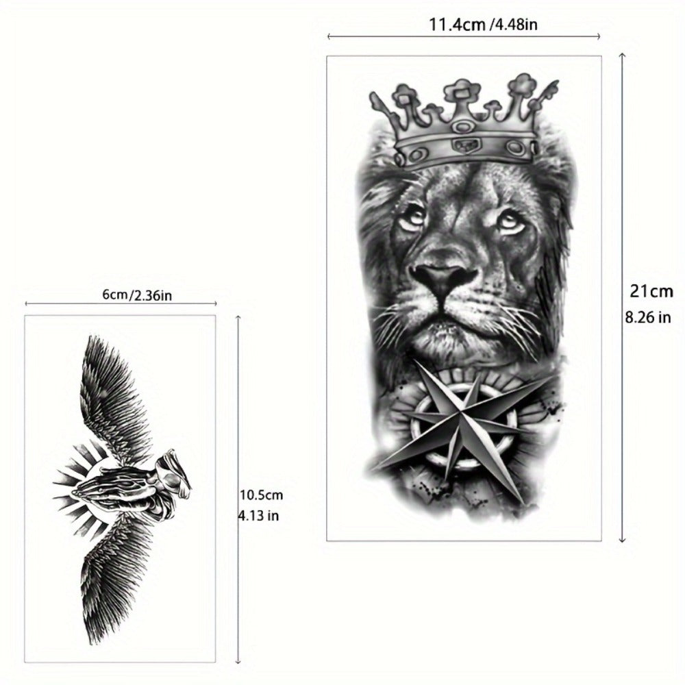 Temporary Tattoos, 32-Sheet Black Animal and Tribal Set with Wolf, Lion, Tiger, Skull and Rose Designs