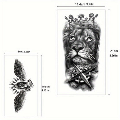 Temporary Tattoos, 32-Sheet Black Animal and Tribal Set with Wolf, Lion, Tiger, Skull and Rose Designs