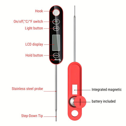 Instant Read Meat Thermometer, TempPro IC6030 Fast 3-Second Digital Kitchen BBQ Thermometer with 4.72" Foldable Probe & Backlit Display