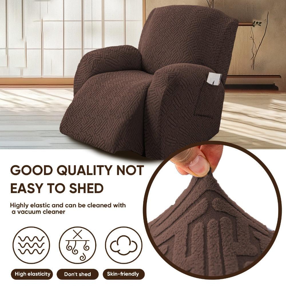 Four-Piece Maze Jacquard Recliner Chair Cover Set with Side Pocket and Nine Solid Color Options