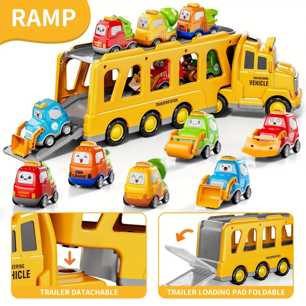 Transport Construction Truck Toy for Boys, 16.9 Inch Large Carrier Truck with 6 Cars, Lights & Sounds