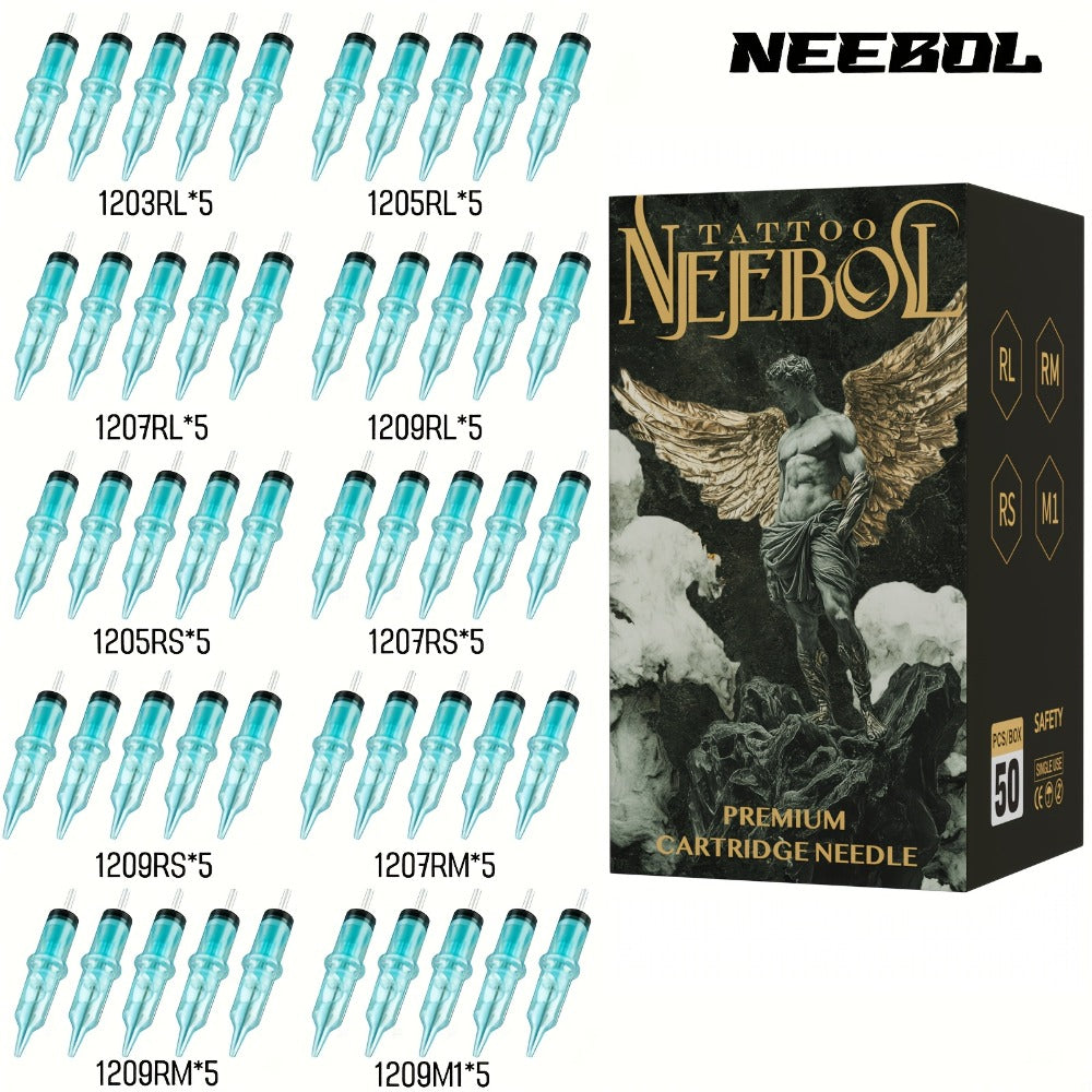 EO Sterilized Tattoo Cartridge Needles 50pcs Mixed Sizes 3RL 5RL 7RL 9RL 5RS 7RS 9RM for Temporary Body Art, Festivals and Costumes