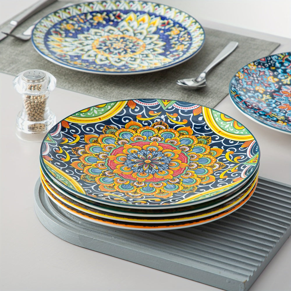 Bohemian Dinner Plates Set of 6 – 10.5 Inch Colorful Stoneware Plate Set Microwave Dishwasher Safe Scratch Resistant Porcelain Dinnerware