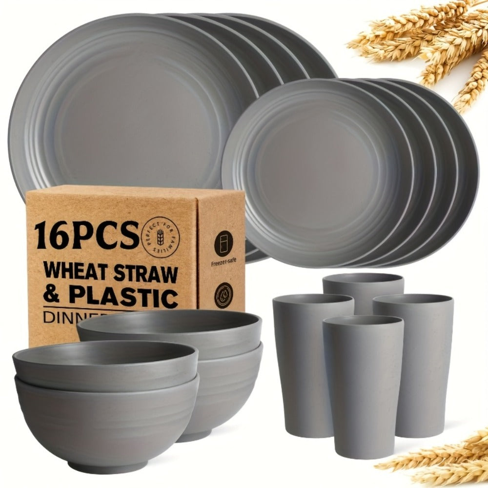 Wheat Straw Dinnerware Set 16 or 32 Piece – Plates & Bowls for 4 or 8 People, Microwave & Dishwasher Safe Plastic Dish Set