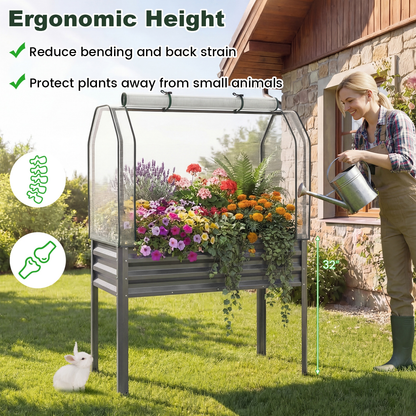 Elevated Raised Garden Bed with Greenhouse Cover 3-in-1, 44"x22"x60" Electroplated Metal Planter Box with Legs