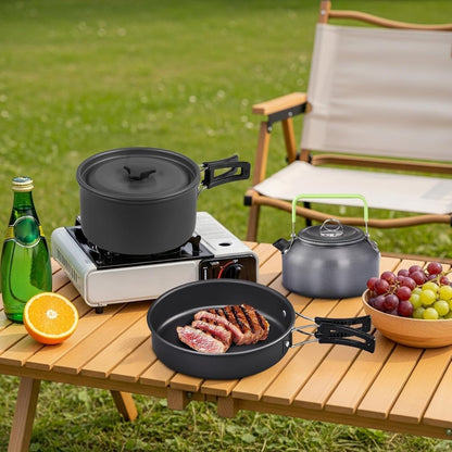 Camping Cookware Set, 19- or 27-Piece Coated Aluminum Mess Kit with Pot, Pan, Kettle, Cups, Plates and Cutlery