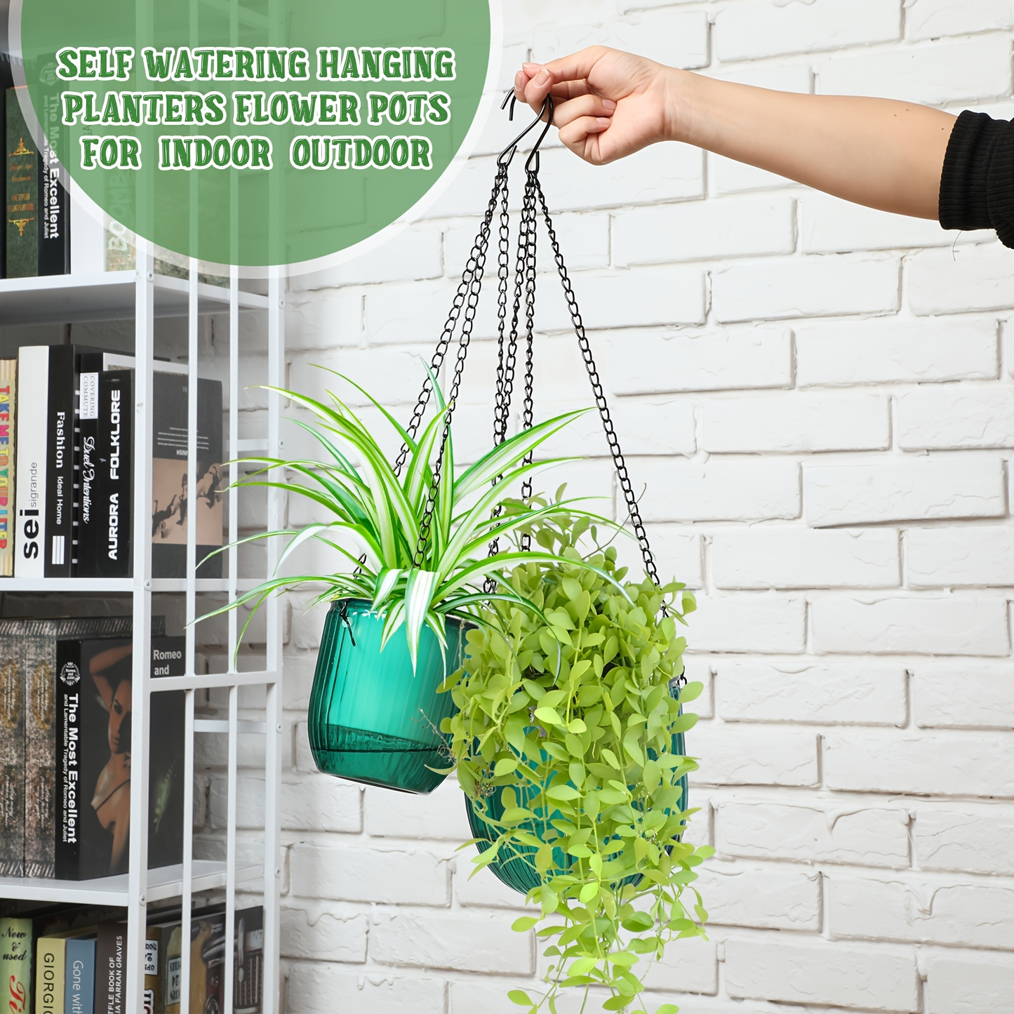 Self Watering Hanging Planters Set of 4 – 6.5" & 4.5" Hanging Flower Pots with 3 Hooks & Drainage Holes for Indoor Outdoor Home Garden