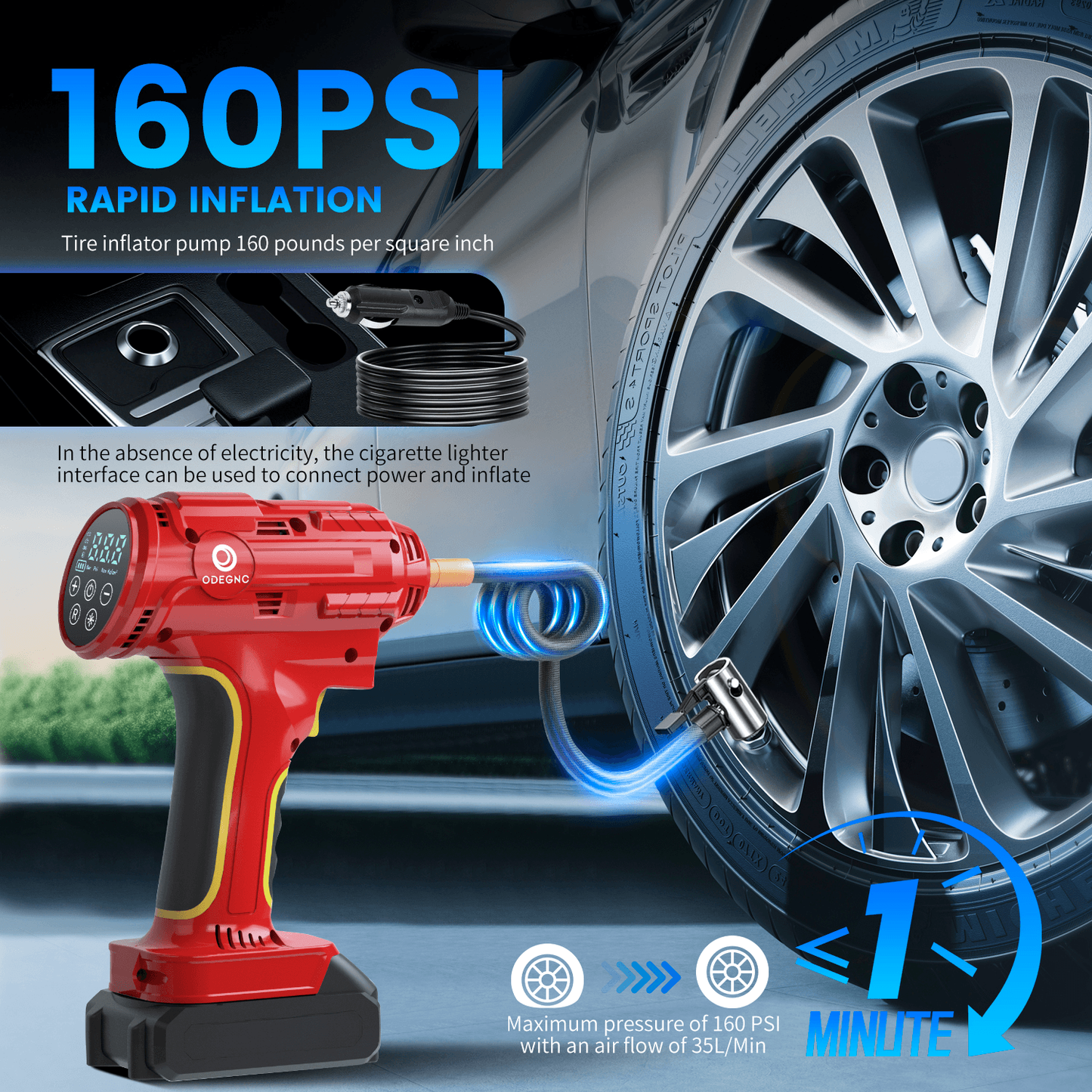 Portable Air Pump Inflator 160PSI – Auto Shut-Off, 35L/min, Dual Power (Battery/12V Car), Digital Gauge, 3-Mode LED Light for Car Tires