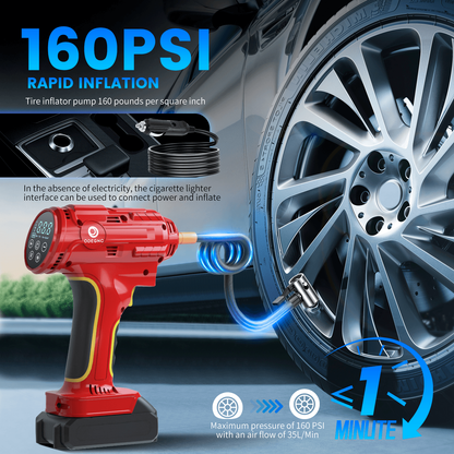 Portable Air Pump Inflator 160PSI – Auto Shut-Off, 35L/min, Dual Power (Battery/12V Car), Digital Gauge, 3-Mode LED Light for Car Tires