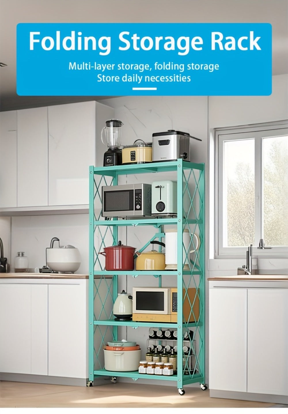 Three-to-Five-Tier Foldable Storage Rack with Carbon Steel Frame, Lockable Wheels and Three Colors