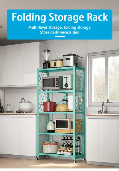 Three-to-Five-Tier Foldable Storage Rack with Carbon Steel Frame, Lockable Wheels and Three Colors