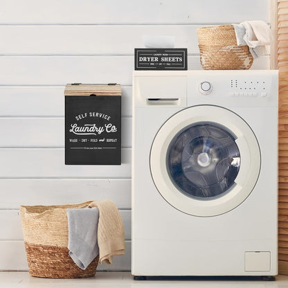 Magnetic Lint Holder & Dryer Sheet Dispenser 2-Pack, Farmhouse Wooden Lint Trash Can with Lid for Dryer