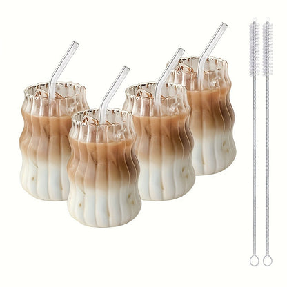 Cloud-Shaped Glass Cup Drinkware Set, 18oz U-Curve Cups with Glass Straws, Brushes and Lid Options in 4 or 6 Pieces