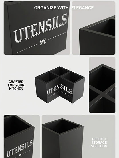 Utensil Caddy Kitchen Organizer 3-Compartment Solid Wood Countertop Holder in Black Farmhouse Style