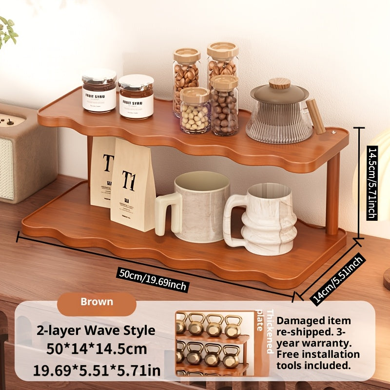 Cup Display Rack Kitchen Organizer 2 or 3 Tier Wave-Style Ladder Shelf in Six Brown Variant Options