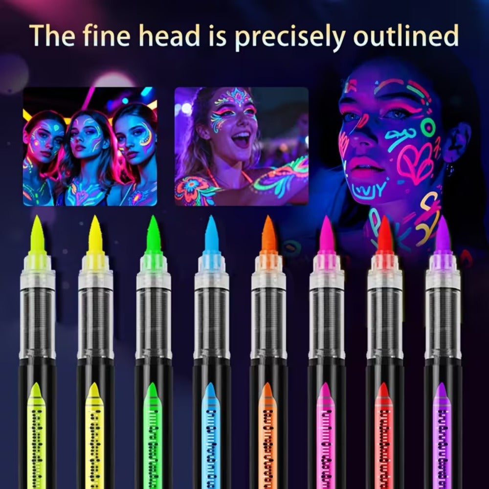 Neon Body Face Paint Pens Set of 8 – Glow-in-the-Dark UV Reactive Markers for Temporary Tattoos, Party Makeup, Mardi Gras, Music Festivals