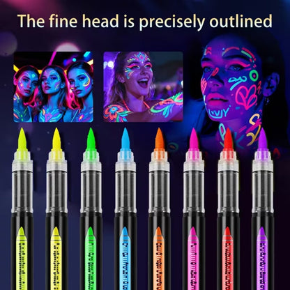 Neon Body Face Paint Pens Set of 8 – Glow-in-the-Dark UV Reactive Markers for Temporary Tattoos, Party Makeup, Mardi Gras, Music Festivals