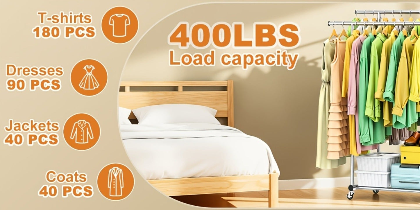 Portable Clothes Rack with Wheels, Double Rod Garment Rack with Shelves & Hooks, Metal Rolling Clothing Rack for Hanging Clothes