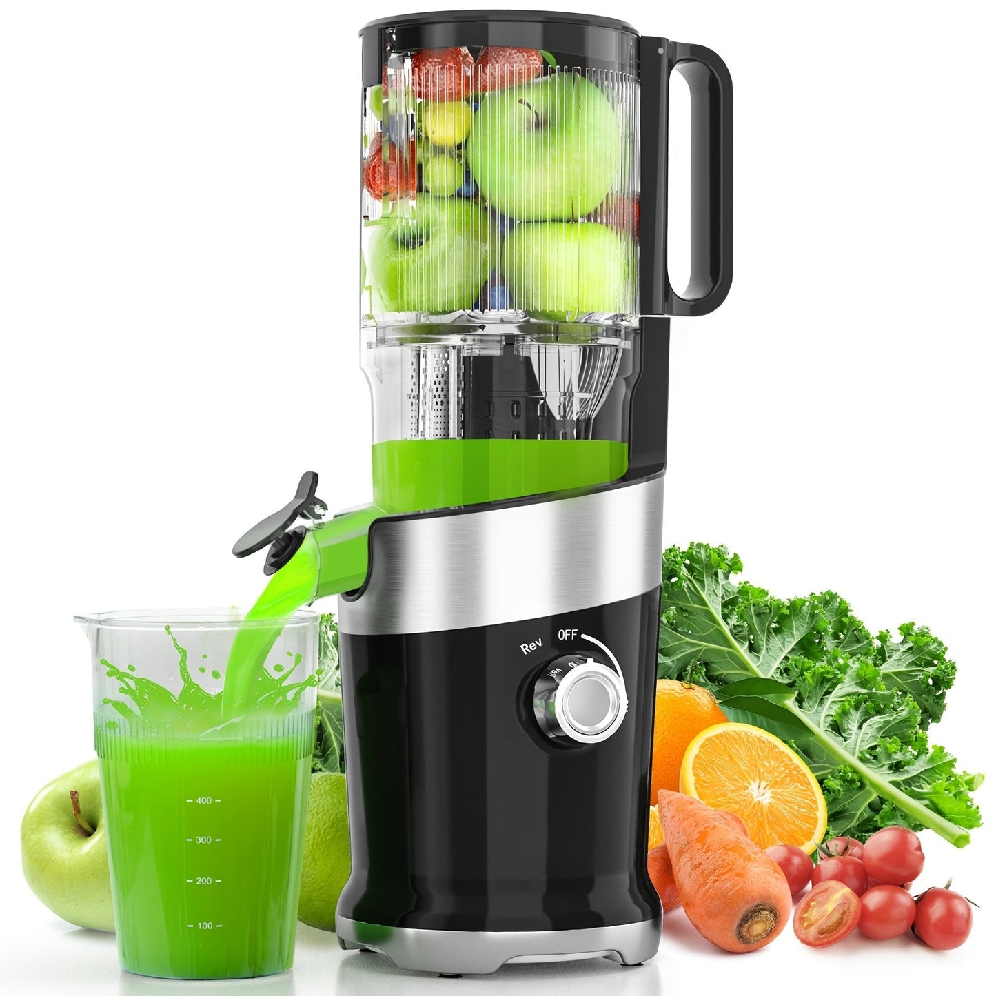 Cold Press Slow Juicer Machine with 5.3-Inch Large Feed Chute - High Juice Yield, Safety Lock, One-Click Cleaning