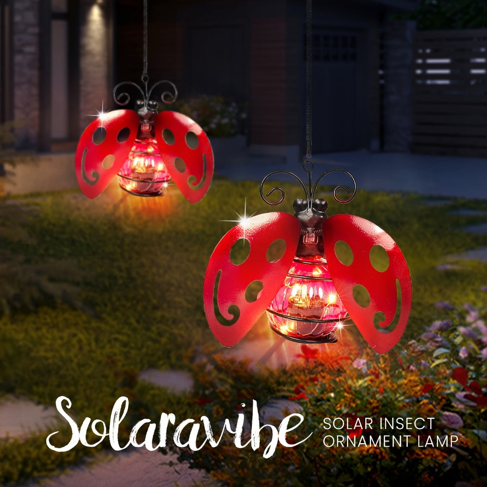 Solar Hanging Ornament Lights Ladybug & Butterfly, Indoor Outdoor Decorative Garden Light with Spring Clips for Patio