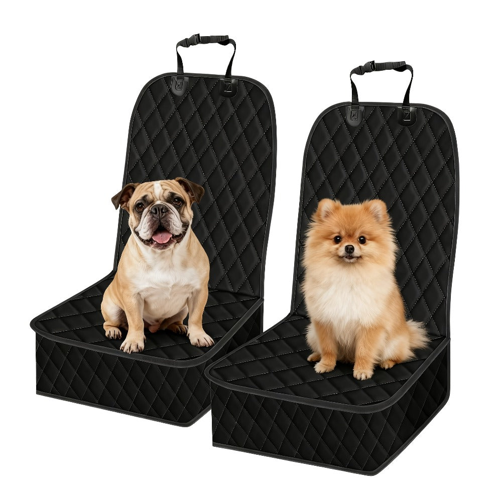 Quilted Black Front Car Seat Covers with Headrest Straps and Raised Pet-Guard Side Panels, Two-Piece Set